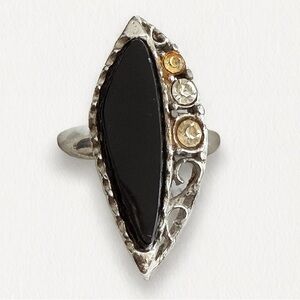 Vintage 70s Emmons Adjustable Silvertone Filigree Marquise Onyx Statement Ring 7